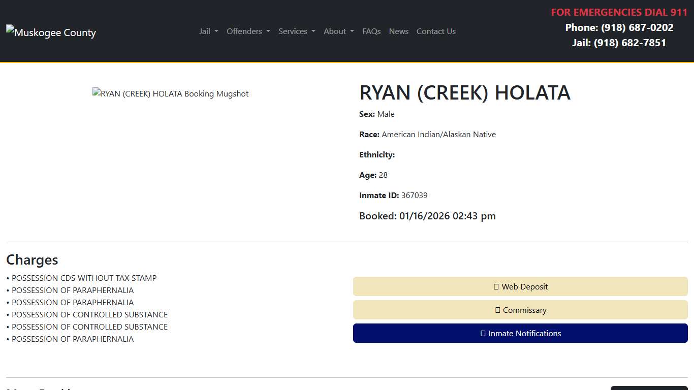 RYAN HOLATA Booked at the Muskogee County Jail