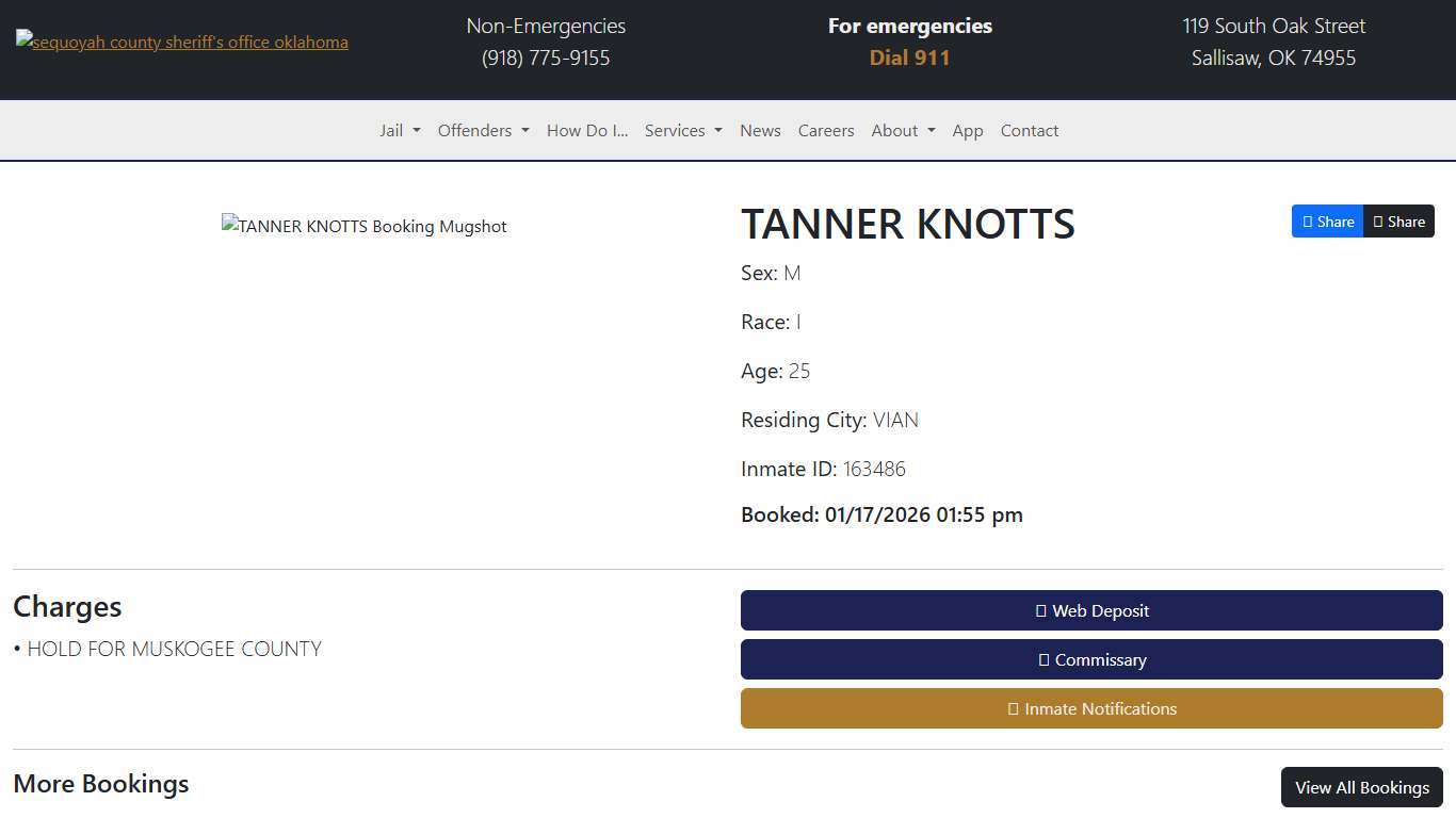 TANNER KNOTTS Booked at the Sequoyah County Jail